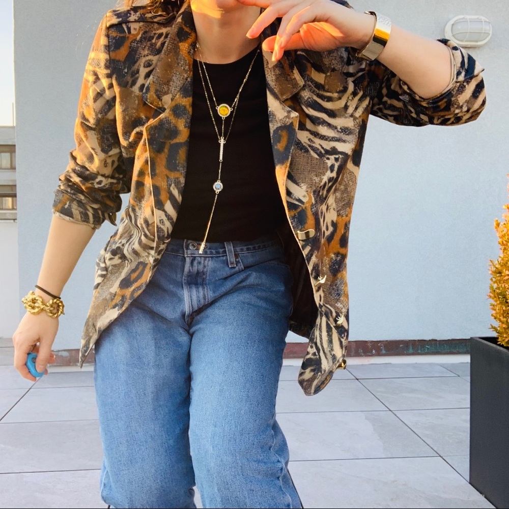 Vintage Jordana Jungle Animal Print Gold Buttons Fax Fur Blazer - Picture 13 of 16